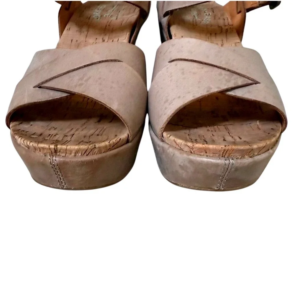 Kork-Ease Wedge Sandals Beige Leather Crisscross‎ Ankle Strap Boho Women Size 8